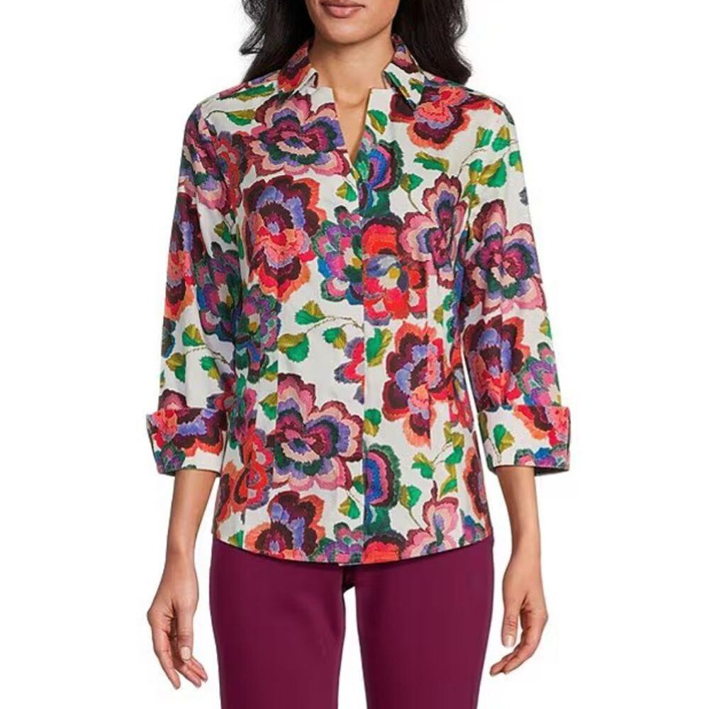 Investments Taylor Gold Label Non-Iron Brushed Floral Point 3/4 Sleeve Shirt 20W